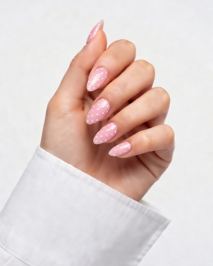 Hand with pink glittery nails against a white background
